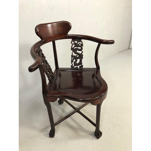 303 - Antique reproduction furniture, faux rose wood Chinese colonial style corner chair with carved drago... 