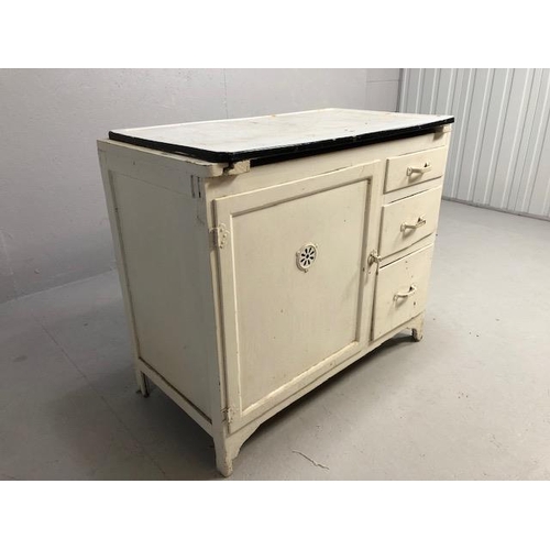 308 - Vintage kitchen unit to include meat safe cupboard, three drawers and a white painted tin top approx... 