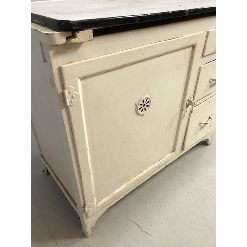 308 - Vintage kitchen unit to include meat safe cupboard, three drawers and a white painted tin top approx... 