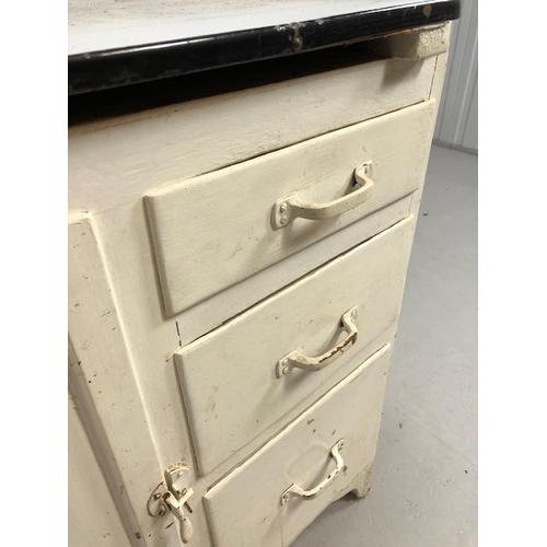 308 - Vintage kitchen unit to include meat safe cupboard, three drawers and a white painted tin top approx... 