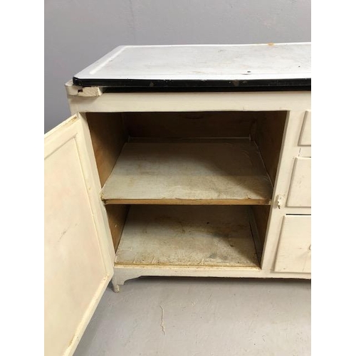 308 - Vintage kitchen unit to include meat safe cupboard, three drawers and a white painted tin top approx... 