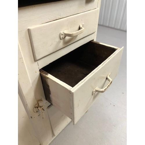 308 - Vintage kitchen unit to include meat safe cupboard, three drawers and a white painted tin top approx... 