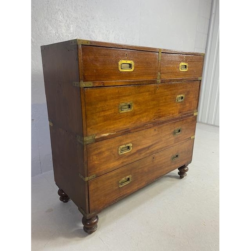 314 - Campaign chest of five drawers, spilts into two sections each with Brass bindings and corners and or... 