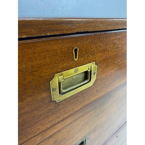 314 - Campaign chest of five drawers, spilts into two sections each with Brass bindings and corners and or... 