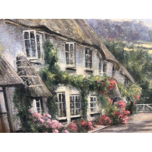 320 - Paintings, contemporary framed painting by local Devon artist Sandy Macfadyen depicting thatched cot... 