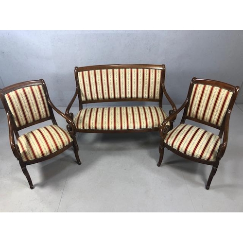 331 - French style salon suite comprising two seater sofa and two chairs each with oak frames and scroll a... 