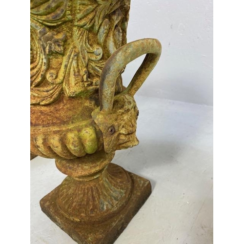 335 - Pair of Wrought Iron Garden Urns with Lion finial handles, flared rims on square bases each approx 4... 