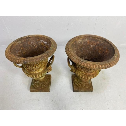 335 - Pair of Wrought Iron Garden Urns with Lion finial handles, flared rims on square bases each approx 4... 