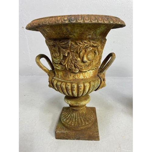 335 - Pair of Wrought Iron Garden Urns with Lion finial handles, flared rims on square bases each approx 4... 