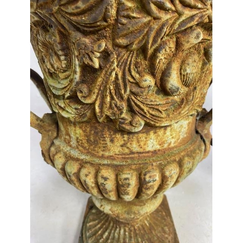 335 - Pair of Wrought Iron Garden Urns with Lion finial handles, flared rims on square bases each approx 4... 