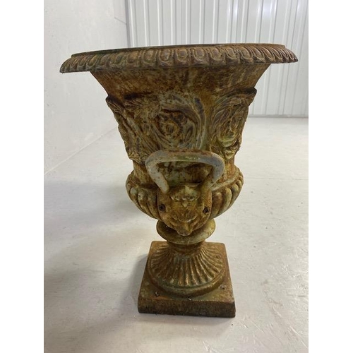 335 - Pair of Wrought Iron Garden Urns with Lion finial handles, flared rims on square bases each approx 4... 