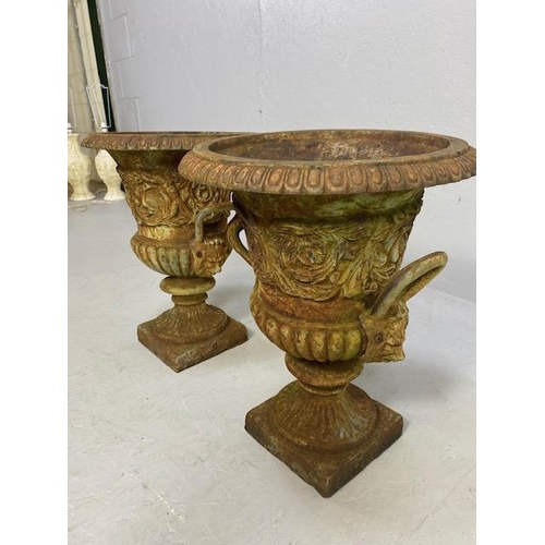 335 - Pair of Wrought Iron Garden Urns with Lion finial handles, flared rims on square bases each approx 4... 