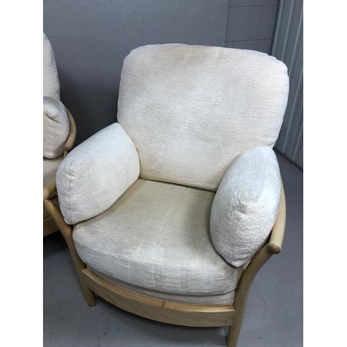 339 - Ercol  modern Blonde Ash 2 seater sofa,  2 arm chairs and foot stool cushions upholstered in cream f... 