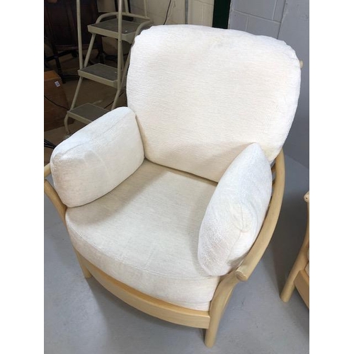 339 - Ercol  modern Blonde Ash 2 seater sofa,  2 arm chairs and foot stool cushions upholstered in cream f... 