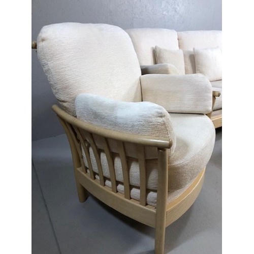 339 - Ercol  modern Blonde Ash 2 seater sofa,  2 arm chairs and foot stool cushions upholstered in cream f... 