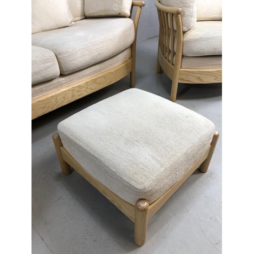 339 - Ercol  modern Blonde Ash 2 seater sofa,  2 arm chairs and foot stool cushions upholstered in cream f... 