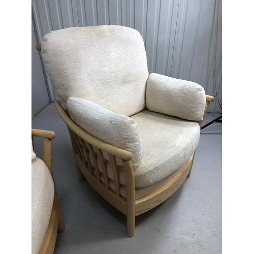 339 - Ercol  modern Blonde Ash 2 seater sofa,  2 arm chairs and foot stool cushions upholstered in cream f... 