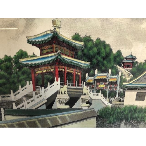 349 - Chinese textile picture of  the way to the  forbidden city  framed and glazed approximately 96 x 45c... 