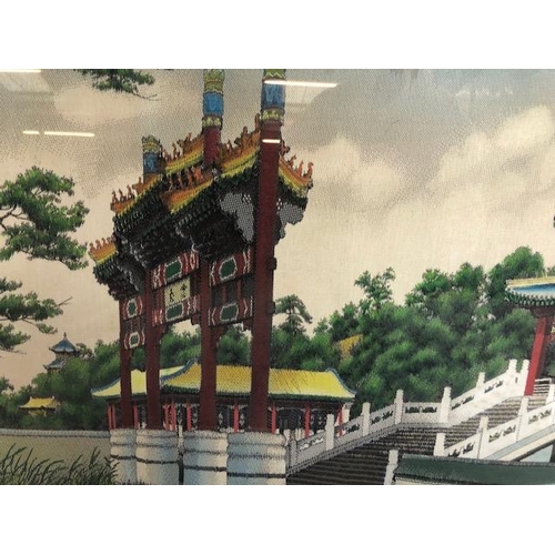 349 - Chinese textile picture of  the way to the  forbidden city  framed and glazed approximately 96 x 45c... 