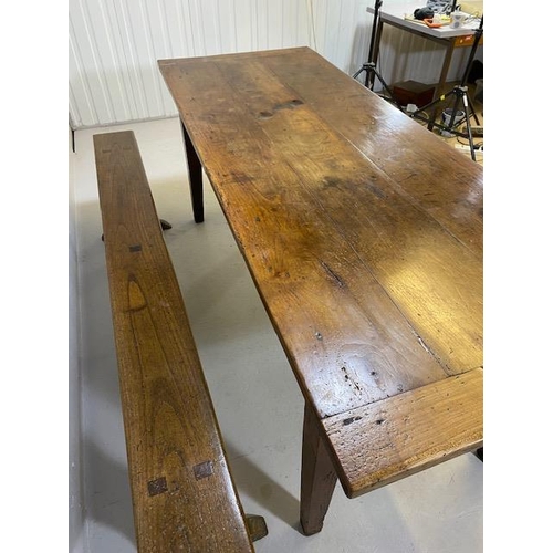 353 - Early 19th century French Farmhouse Table of Three plank construction with Breadboard ends in Cherry... 