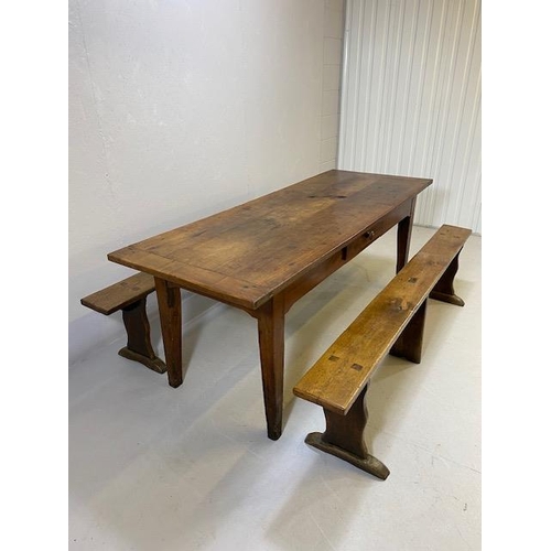 353 - Early 19th century French Farmhouse Table of Three plank construction with Breadboard ends in Cherry... 