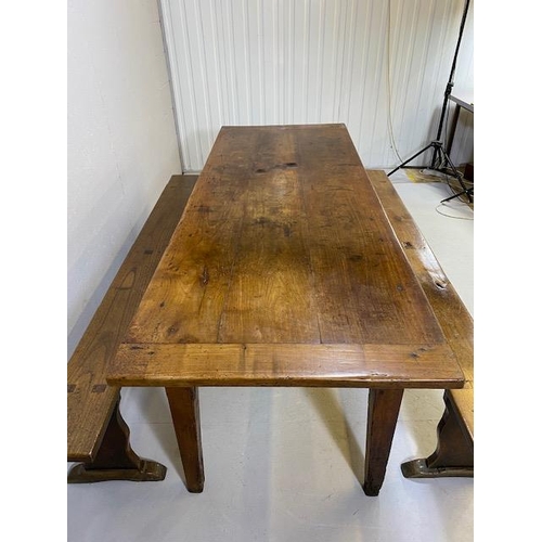 353 - Early 19th century French Farmhouse Table of Three plank construction with Breadboard ends in Cherry... 