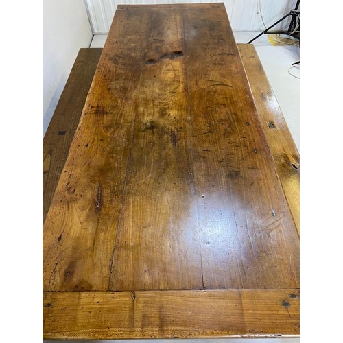 353 - Early 19th century French Farmhouse Table of Three plank construction with Breadboard ends in Cherry... 