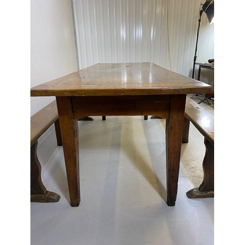 353 - Early 19th century French Farmhouse Table of Three plank construction with Breadboard ends in Cherry... 