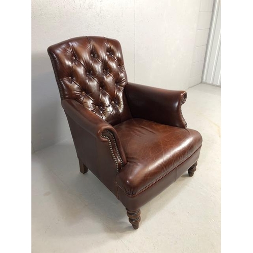 355 - Burgundy leather button back fireside chair with stud detailing and turned front legs