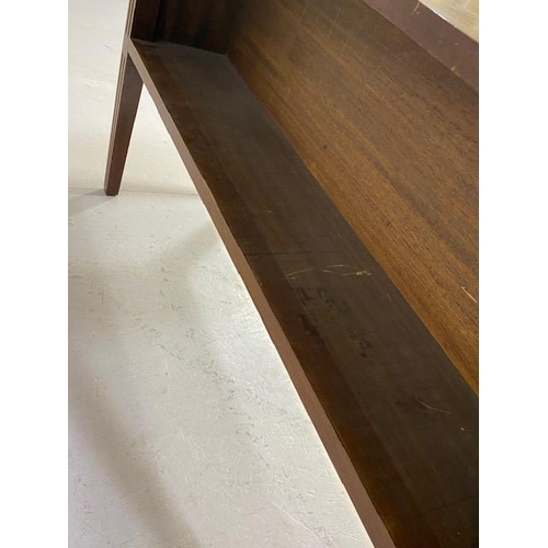 369 - Mahogany library table with open bookshelves to either long side, with tapering fluted legs, approx ... 