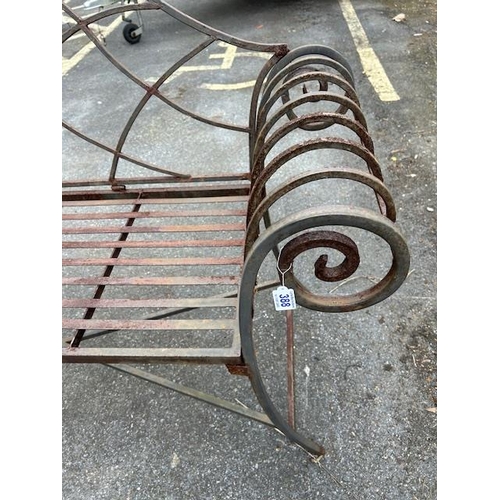 388 - French Style metalwork bench with scroll arms approx 150cm wide