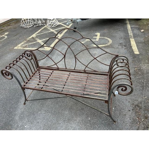 388 - French Style metalwork bench with scroll arms approx 150cm wide