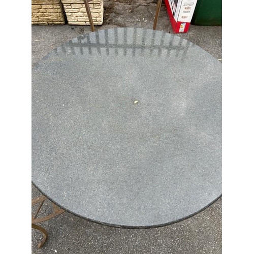 390 - Marble topped Bistro table on wrought Iron curved legs with two wrought iron chairs