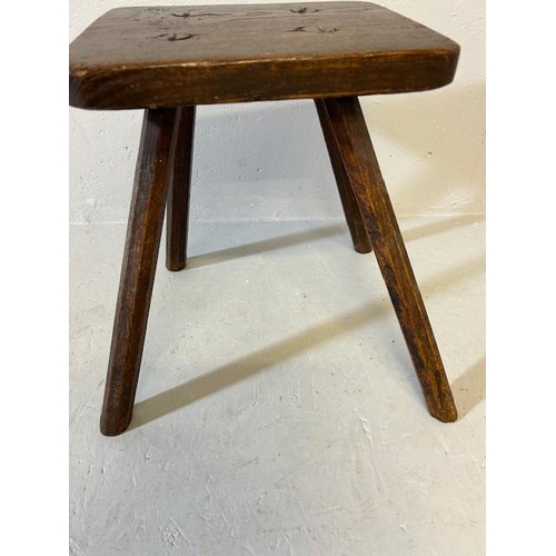 393 - Antique Furniture, provincial made Elm top  peg stool on 4  spoke shave legs approximately 40cm high