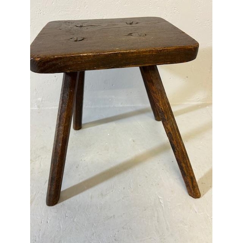 393 - Antique Furniture, provincial made Elm top  peg stool on 4  spoke shave legs approximately 40cm high