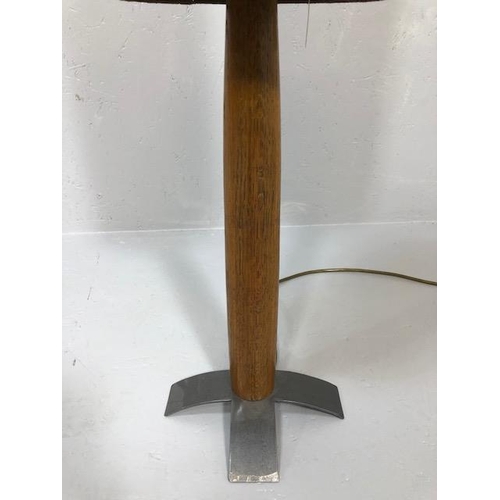 397 - Contemporary table lamp on turned wooden and metal base with brown suede lamp shade approx 78cm tall... 