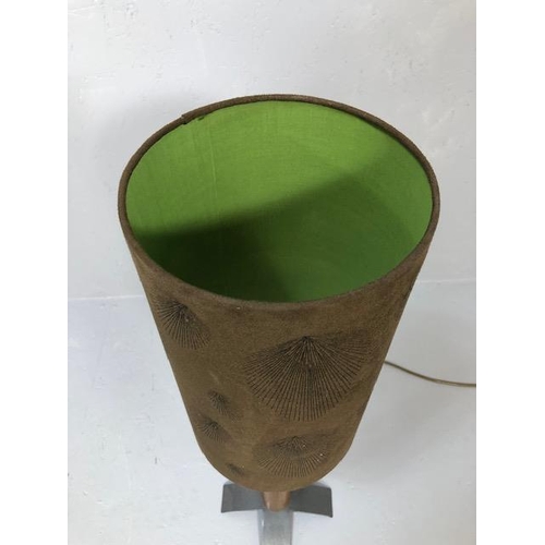 397 - Contemporary table lamp on turned wooden and metal base with brown suede lamp shade approx 78cm tall... 