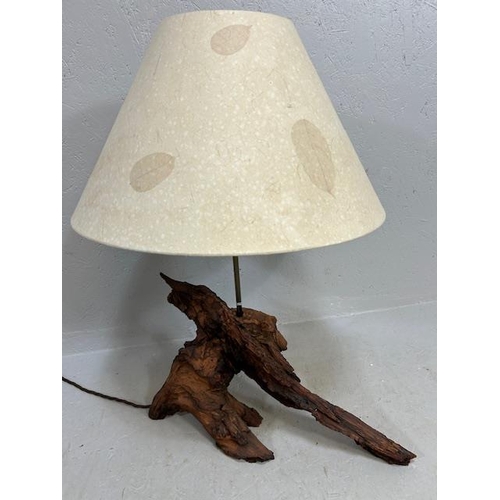 400 - Modern table lamp  with faux  bog wood base  and cream shade approximately 60cm high