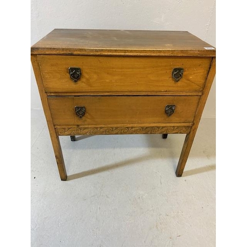 404 - Antique furniture Arts and crafts  2 draw chest  of blonde oak  on square legs , drop down shell des... 