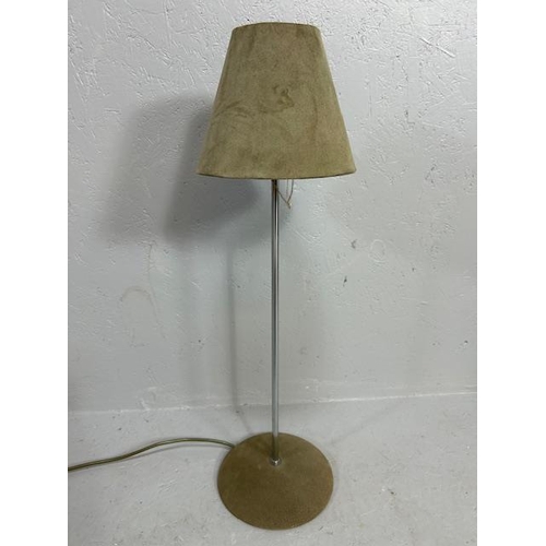 407 - modern table lamp, chrome stem with grey suede base and shade approximately 69cm high