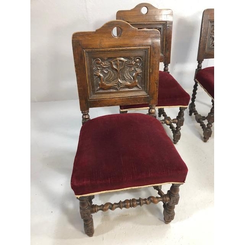 408 - Antique furniture, four oak chairs with carved armorial style backs and padded seats on barley twist... 