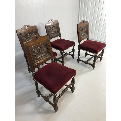 408 - Antique furniture, four oak chairs with carved armorial style backs and padded seats on barley twist... 