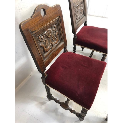 408 - Antique furniture, four oak chairs with carved armorial style backs and padded seats on barley twist... 