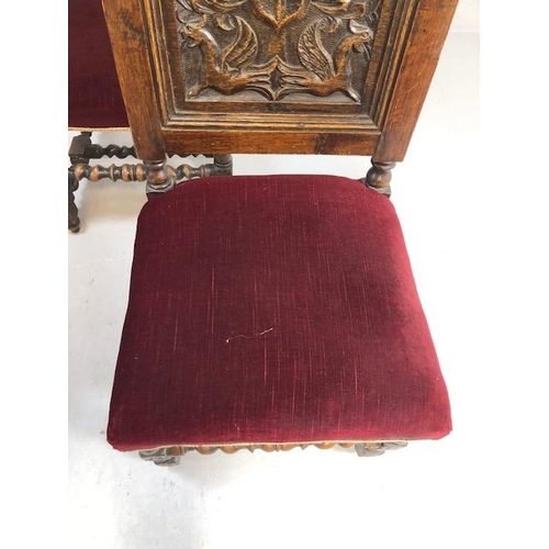 408 - Antique furniture, four oak chairs with carved armorial style backs and padded seats on barley twist... 