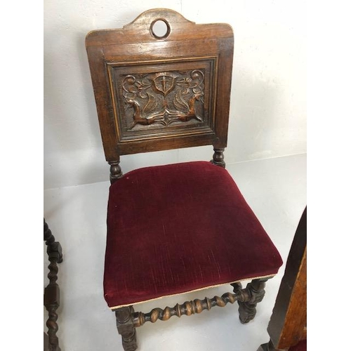 408 - Antique furniture, four oak chairs with carved armorial style backs and padded seats on barley twist... 