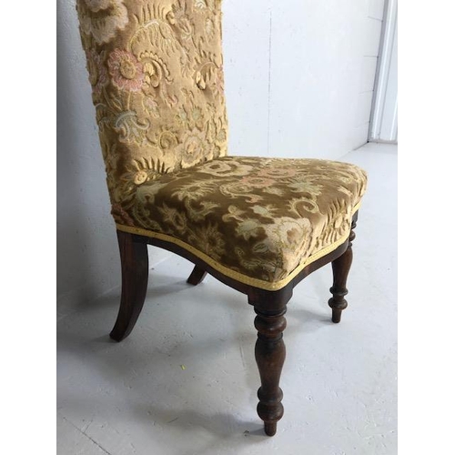 409 - Antique Furniture, Victorian high back prayer chair upholstered in floral brocade, on turned legs