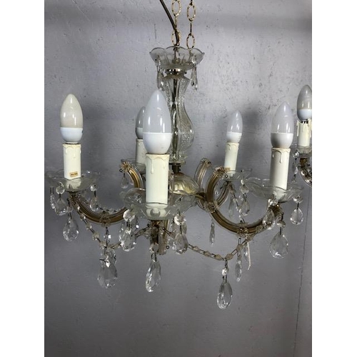 410 - Vintage lighting, pair of five branch glass chandeliers with faux candles