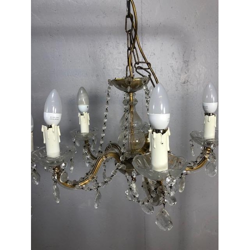 410 - Vintage lighting, pair of five branch glass chandeliers with faux candles