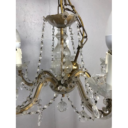 410 - Vintage lighting, pair of five branch glass chandeliers with faux candles