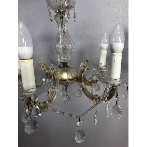 410 - Vintage lighting, pair of five branch glass chandeliers with faux candles